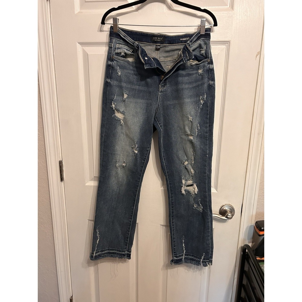 Judy Blue 7/28 Straight Fit Dark Wash Distress Raw Hem Blue Jeans Denim - Picture 6 of 13